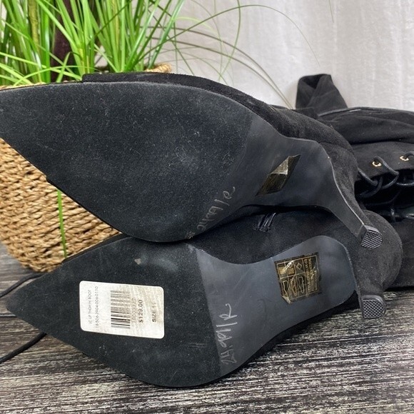 FTF Nadia Black Faux Suede Lace Up Thigh High Open Point Peep Toe Heel Boots 11 - Picture 7 of 11